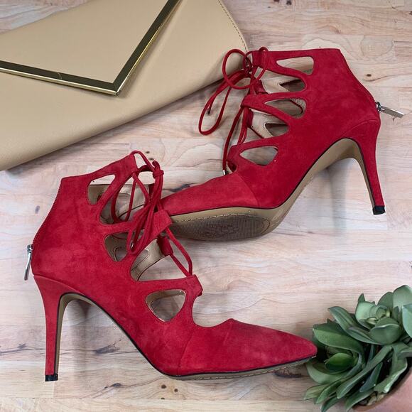 Vince Camuto Suede Red Cutout Heels - Picture 1 of 8